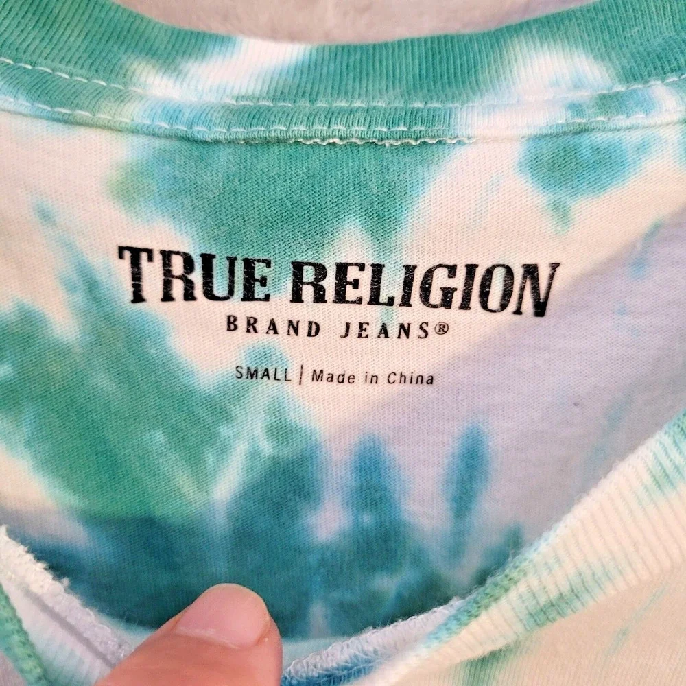 True Religion Tie‎ Dye Graphic T Shirt Size Small Green White Buddha Logo 2002